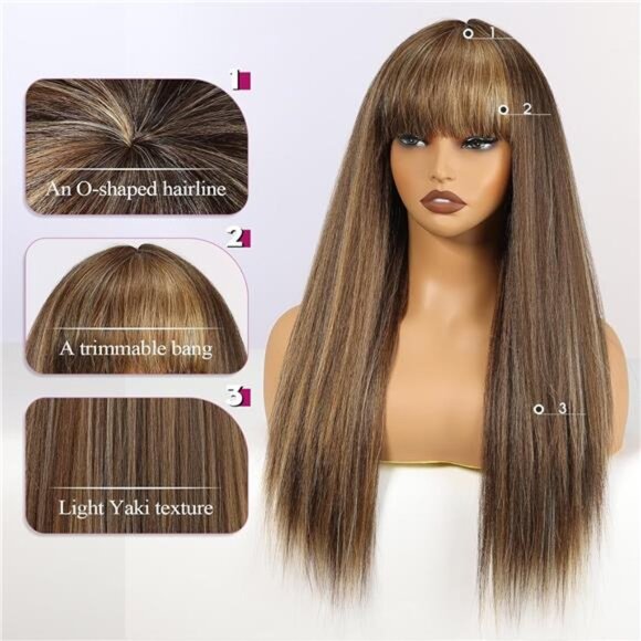 Long Straight Yaki Wigs for Women with Bangs Comfortable Elastic Band 26 - Picture 4 of 7